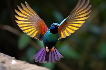 Poster - colorful bird fluttering its wings in flight, created with generative ai