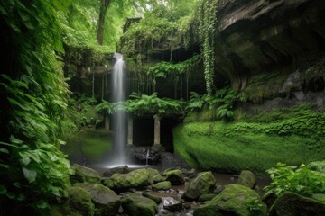 Sticker - natural rock formation with waterfall, surrounded by lush greenery, created with generative ai