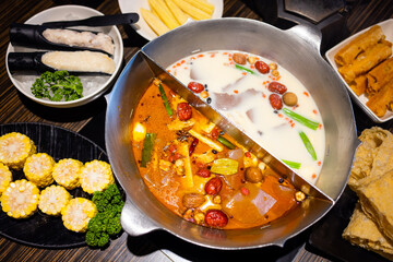 Taiwanese hot pot in restaurant with spicy duck blood