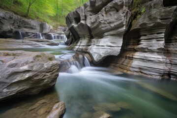 Poster - natural rock formation surrounded by rushing creek, with fish swimming among the rocks, created with generative ai