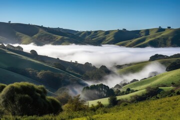 Poster - rolling hills with misty fog, wispy clouds and blue sky in the background, created with generative ai