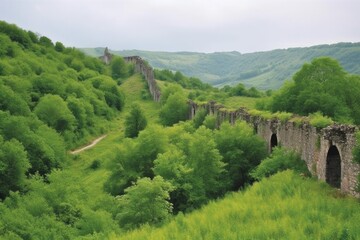 Sticker - rolling hills with old stone walls, covered in greenery, created with generative ai