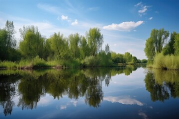 Canvas Print - summer day, with reflections of trees and sky in the tranquil lake, created with generative ai