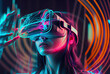 © saquizeta - Woman with VR headset exploring the metaverse with an explosion of colors coming out of the glasses. virtual reality. learning. Illustration. Generative AI