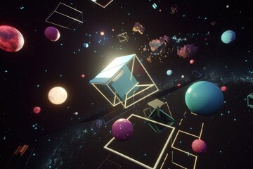 Wall Mural - 3d geometric shapes floating in space, with stars and planets visible in the background, created wit