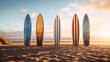 Surfboards standing on the beach in the sunset, photorealistic illustration, generative AI