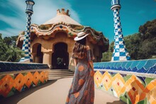 Young Woman From Behind In A Dress And Hat Exploring The Architecture Of Park Guell In Barcelona, Spain. Illustration. Generative AI
