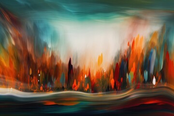 Poster - abstract landscape with blurred streaks of color and shapes in the background, created with generative ai