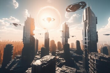 Poster - aerial view of futuristic city with towering skyscrapers and flying vehicles, created with generative ai