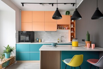 Canvas Print - a colorful and clutter-free kitchen with sleek appliances and stylish decor, created with generative ai