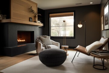 Poster - cozy living room with minimalistic design, reading nook and fireplace, created with generative ai