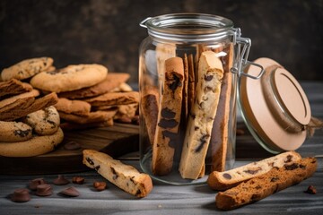 Wall Mural - biscotti jar filled with different varieties of biscotti, including chocolate chip and cinnamon, created with generative ai