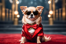Fashion Dog With Sunglasses And Costume On Red Carpet Ai Generated Art Generative AI