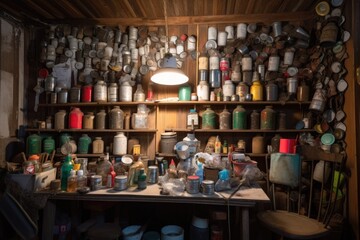 Wall Mural - showcase of upcycled items, including lamps, baskets, and vases, created with generative ai