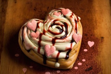 Wall Mural - heart-shaped cinnamon roll with drizzled icing & heart sprinkle atop, created with generative ai