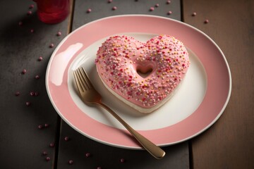 Wall Mural - heart-shaped donut with pink icing and sprinkles on white plate, created with generative ai