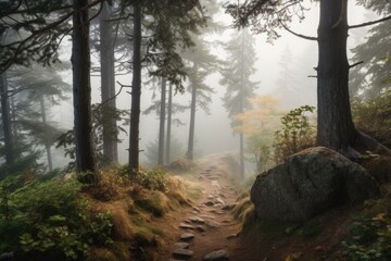 Poster - hiking trail with beautiful views of a misty forest, created with generative ai