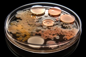 Poster - microbial culture growing on agar plate, with visible colonies and growth, created with generative ai