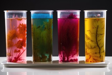 Poster - microbial culture growing on gel medium, with visible growth and color changes, created with generative ai