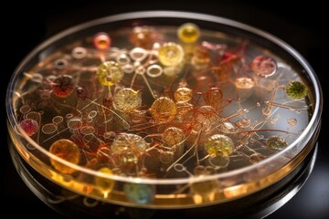 Sticker - close-up of petri dish, with microbes growing in their culture medium, created with generative ai