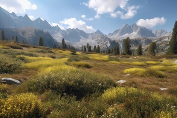 Sticker - alpine meadow, with view of distant peaks and blue sky, created with generative ai