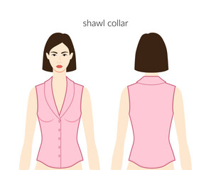 Canvas Print - Shawl collar neckline plackets clothes character beautiful lady in pink top, shirt, dress technical fashion illustration with fitted body. Flat apparel template front, back. Women, men unisex mockup