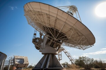 Poster - close-up of satellite dish, with visible signals being sent to earth, created with generative ai