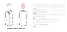 Set Of Necklines Clothes - Collars, Plackets, Knits, Sweaters, Tops, Strapless, Turtlenecks, Tank, Halter Technical Fashion Illustration. Flat Apparel Template Front, Back Sides. Women, Men CAD Mockup