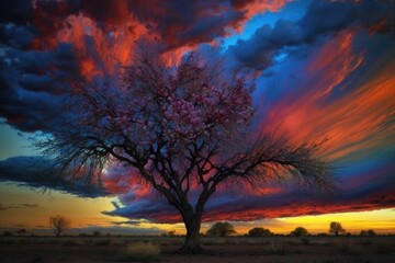 Sticker - blossoming tree in the sunset, with colorful sky and clouds, created with generative ai