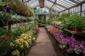 Canvas Print - greenhouses surrounded by blooming flowers and greenery, created with generative ai