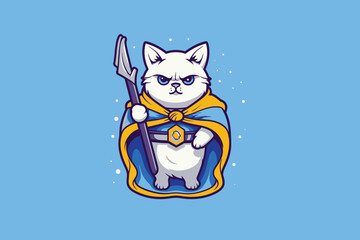 Wall Mural - Cat superhero with a spear in his hand. Vector illustration on blue background.