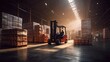 Forklift lifting product pallets in large warehouse. Generative Ai