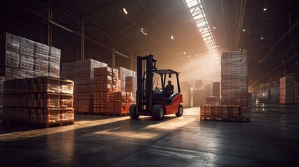 forklift lifting product pallets in large warehouse. generative ai