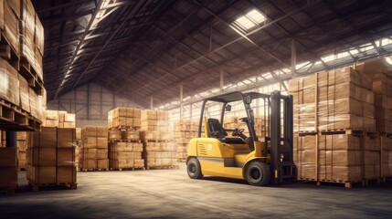 Forklift lifting product pallets in large warehouse. Generative Ai