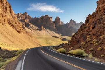 Poster - scenic highway with winding road and towering peaks in the background, created with generative ai