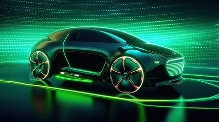 A futuristic electric car with motion green lighting. Automotive innovation and technology concepts. Generative Ai