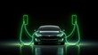 An Electric car at charging station. Front view electric car silhouette with green glowing on dark background. Automotive technology concept. Generative Ai