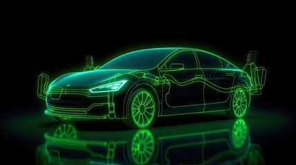 Wall Mural - An Electric car at charging station. Front view electric car silhouette with green glowing on dark background. Automotive technology concept. Generative Ai