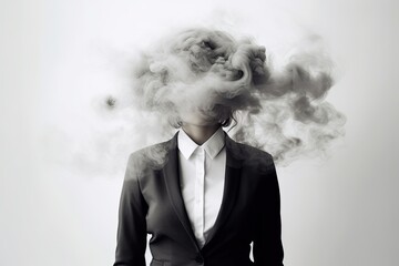 a female in a suit with a head in smoke exploding. visualisation of the world of artificial intellig