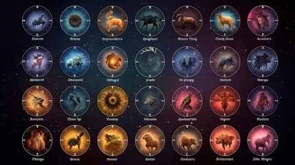 Set of magical zodiac signs in universe. concept, belief, fortune teller. Generative Ai