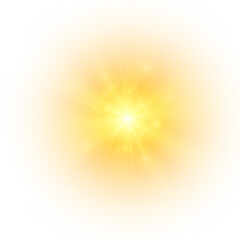 Yellow sun, a flash, a soft glow without departing rays. Star flashed with sparkles isolated on white background. Vector illustration of abstract yellow splash.