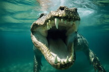 Giant Crocodile With Open Mouth Underwater, Made With Generative Ai