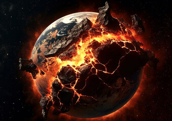 Wall Mural - shattering and exploding of planet earth's molten core . generative ai