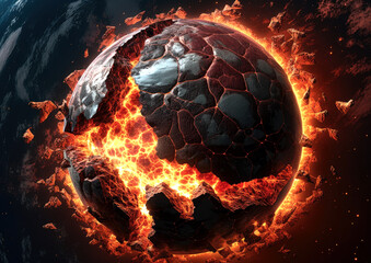 Wall Mural - shattering and exploding of planet earth's molten core . generative ai