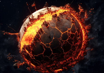 Wall Mural - shattering and exploding of planet earth's molten core . generative ai