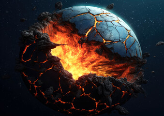 Wall Mural - shattering and exploding of planet earth's molten core . generative ai