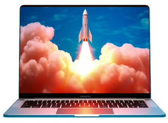 Wall Mural - rocket on laptop screen on png transparent background, startup concept, digital illustration. genera