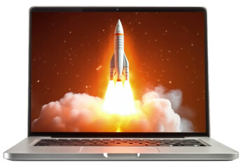 Wall Mural - rocket on laptop screen on png transparent background, startup concept, digital illustration. genera