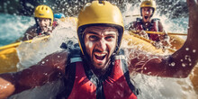 Whitewater River Rafting, Selfie Closeup, Canoe, Kayak, Paddling, Extreme Sports. Generative AI