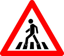 Pedestrian Crossing Sign. Warning Sign Pedestrian Crossing. Red Triangle Sign With Silhouette Man Walking Along Crosswalk Inside. Caution Unregulated Pedestrian Crossing. Road Sign.